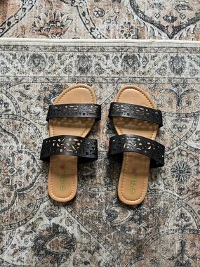 Girls Black Double-Strap Laser Cut Sandals